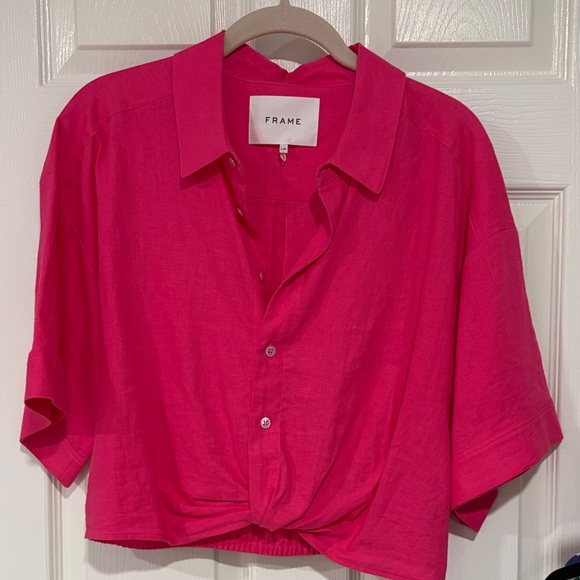 Frame Denim Tops - Frame Denim Bright Pink Cropped Short-Sleeve Linen top